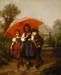 Kinder unter einem roten Regenschirm